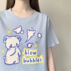 Kawaii Bear Print Graphic T-Shirts -Kawaii Fashion Shop QWEEK Kawaii Bear Print Graphic T Shirts Women 2021 Cute Cartoon Print Japanese Style Summer Feminine 3