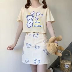 Kawaii Bear Print Graphic T-Shirts -Kawaii Fashion Shop QWEEK Kawaii Bear Print Graphic T Shirts Women 2021 Cute Cartoon Print Japanese Style Summer Feminine 4