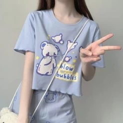 Kawaii Bear Print Graphic T-Shirts -Kawaii Fashion Shop QWEEK Kawaii Bear Print Graphic T Shirts Women 2021 Cute Cartoon Print Japanese Style Summer Feminine 5