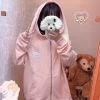 Kawaii Bunny Ears Hoodie -Kawaii Fashion Shop QWEEK Kawaii Bunny Ears Hoodie Pink Zip Up Sweatshirt Funny Bear Embroidery Tracksuit Cute Tops Korean