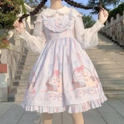 Kawaii Cartoon Kingdom Lolita Jsk Dress -Kawaii Fashion Shop QWEEK Kawaii Lolita Dress Women Girls JSK Lolita Kawaii Cute Cats Tea Party Dresses Ruffles Cosplay 2
