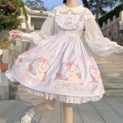 Kawaii Cartoon Kingdom Lolita Jsk Dress -Kawaii Fashion Shop QWEEK Kawaii Lolita Dress Women Girls JSK Lolita Kawaii Cute Cats Tea Party Dresses Ruffles Cosplay 3