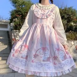 Kawaii Cartoon Kingdom Lolita Jsk Dress -Kawaii Fashion Shop QWEEK Kawaii Lolita Dress Women Girls JSK Lolita Kawaii Cute Cats Tea Party Dresses Ruffles Cosplay 4