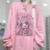Kawaii Pink Anime Girl Tee -Kawaii Fashion Shop QWEEK Kawaii Woman Tshirts Pink Fashion 2021 Cute Print T Shirt Women Long Sleeve Tops Loose