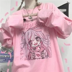 Kawaii Pink Anime Girl Tee 11 Kawaii Pink Anime Girl Tee -Kawaii Fashion Shop QWEEK Kawaii Woman Tshirts Pink Fashion 2021 Cute Print T Shirt Women Long Sleeve Tops Loose 3