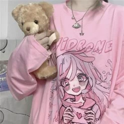 Kawaii Pink Anime Girl Tee 13 Kawaii Pink Anime Girl Tee -Kawaii Fashion Shop QWEEK Kawaii Woman Tshirts Pink Fashion 2021 Cute Print T Shirt Women Long Sleeve Tops Loose 5