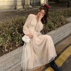 French Vintage V-neck Princess Fairy Dress 13 French Vintage V-neck Princess Fairy Dress -Kawaii Fashion Shop QWEEK Princess Fairy Elegant Mesh Dress Woman French Vintage Retro Party Dresses V neck Chic Female 5