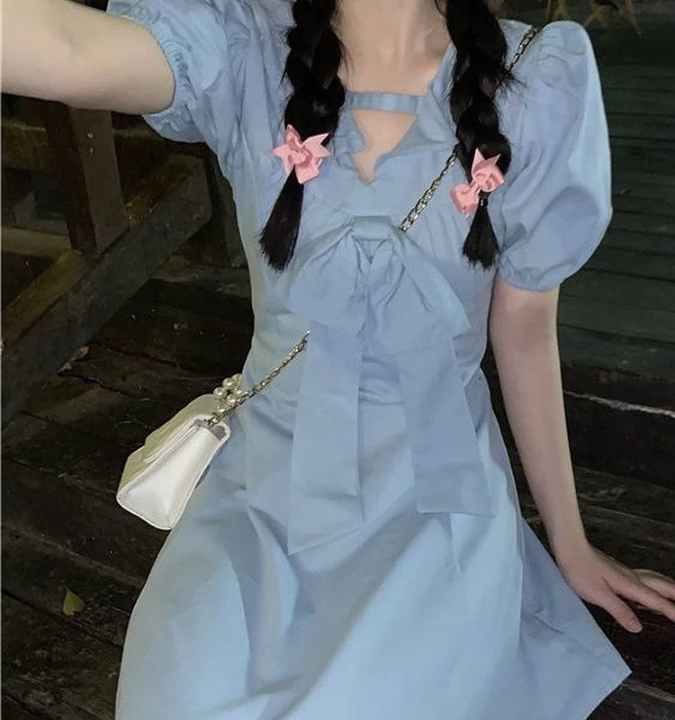 Kawaii Sweet Puff Sleeve Blue Short Dresses 4 Kawaii Sweet Puff Sleeve Blue Short Dresses - Image 2