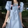Kawaii Sweet Puff Sleeve Blue Short Dresses -Kawaii Fashion Shop QWEEK Sweet Kawaii Dress Women Preppy Style Soft School Puff Sleeve Blue Short Dresses Korean Casual