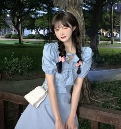 Kawaii Sweet Puff Sleeve Blue Short Dresses 9 Kawaii Sweet Puff Sleeve Blue Short Dresses -Kawaii Fashion Shop QWEEK Sweet Kawaii Dress Women Preppy Style Soft School Puff Sleeve Blue Short Dresses Korean Casual 2