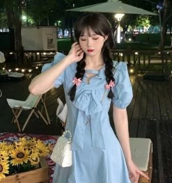 Kawaii Sweet Puff Sleeve Blue Short Dresses 10 Kawaii Sweet Puff Sleeve Blue Short Dresses -Kawaii Fashion Shop QWEEK Sweet Kawaii Dress Women Preppy Style Soft School Puff Sleeve Blue Short Dresses Korean Casual 3