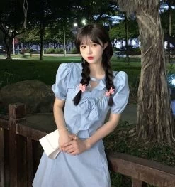 Kawaii Sweet Puff Sleeve Blue Short Dresses 11 Kawaii Sweet Puff Sleeve Blue Short Dresses -Kawaii Fashion Shop QWEEK Sweet Kawaii Dress Women Preppy Style Soft School Puff Sleeve Blue Short Dresses Korean Casual 4