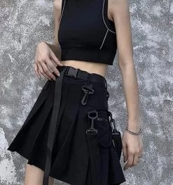 Tooling Style Pleated Skirts With Pocket -Kawaii Fashion Shop QWEEK Techwear Women Black Cargo Skirts Gothic Grunge Harajuku Punk High Waist Mini Skirt Dark Alt 1