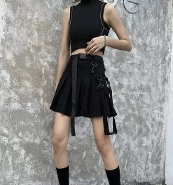Tooling Style Pleated Skirts With Pocket -Kawaii Fashion Shop QWEEK Techwear Women Black Cargo Skirts Gothic Grunge Harajuku Punk High Waist Mini Skirt Dark Alt 2