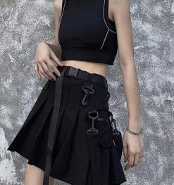 Tooling Style Pleated Skirts With Pocket -Kawaii Fashion Shop QWEEK Techwear Women Black Cargo Skirts Gothic Grunge Harajuku Punk High Waist Mini Skirt Dark Alt 4