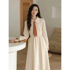 Korean Vintage Preppy Sweet Dress -Kawaii Fashion Shop QWEEK Vintage Dress Women Preppy Style Sweet Mori Girl Elegant Korean POLO Collar Long Sleeve Midi 2
