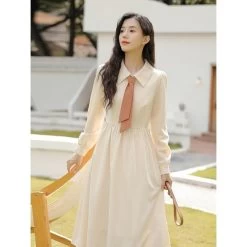 Korean Vintage Preppy Sweet Dress -Kawaii Fashion Shop QWEEK Vintage Dress Women Preppy Style Sweet Mori Girl Elegant Korean POLO Collar Long Sleeve Midi 3