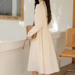 Korean Vintage Preppy Sweet Dress -Kawaii Fashion Shop QWEEK Vintage Dress Women Preppy Style Sweet Mori Girl Elegant Korean POLO Collar Long Sleeve Midi 4
