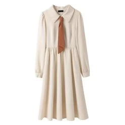 Korean Vintage Preppy Sweet Dress -Kawaii Fashion Shop QWEEK Vintage Dress Women Preppy Style Sweet Mori Girl Elegant Korean POLO Collar Long Sleeve Midi 5