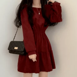Vintage Square Collar Long Sleeve Mini Dresses -Kawaii Fashion Shop QWEEK Vintage Mini Dress Women Sweet Retro Wrap Square Collar Long Sleeve Short Dresses Solid 3 2