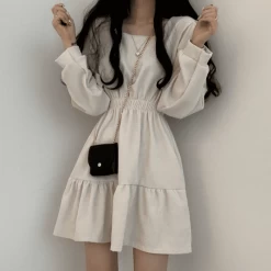 Vintage Square Collar Long Sleeve Mini Dresses -Kawaii Fashion Shop QWEEK Vintage Mini Dress Women Sweet Retro Wrap Square Collar Long Sleeve Short Dresses Solid 3 4