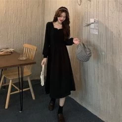 French Vintage Black Ruched Dress -Kawaii Fashion Shop QWEEK Vintgae Black Ruched Dress Women French Retro Elegant Wrap Square Collat Party Dresses Long Sleeve 2
