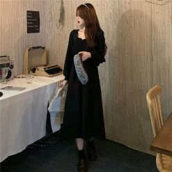 French Vintage Black Ruched Dress -Kawaii Fashion Shop QWEEK Vintgae Black Ruched Dress Women French Retro Elegant Wrap Square Collat Party Dresses Long Sleeve 3