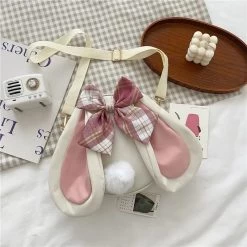 Cute Bow Bunny Ears Shoulder Bag -Kawaii Fashion Shop Rabbit Ear Bag Female Cute Bowknot Canvas Bag Summer Vitality Girl Student Pearl Chain Messenger Bag 3