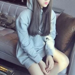 Black/Grey Bunny Ear Hoodie Coat -Kawaii Fashion Shop Rabbit Ear Sweatshirt Plain Oversized Hoodie Dress Tunic Long Sleeve Women Poleron Mujer 2020 Kangaroo Pocket 2