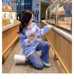 Rainbow Gradient Stripe Loose Sweater -Kawaii Fashion Shop Rainbow Stripe Halloween Sweater Women Knitted Tops Winter 2020 Streetwear Fashion Long sleeve Pullover Female Pink 2
