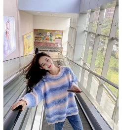 Rainbow Gradient Stripe Loose Sweater -Kawaii Fashion Shop Rainbow Stripe Halloween Sweater Women Knitted Tops Winter 2020 Streetwear Fashion Long sleeve Pullover Female Pink 4