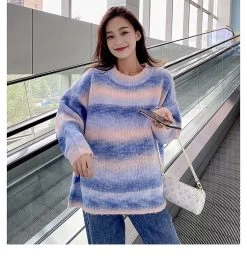 Rainbow Gradient Stripe Loose Sweater -Kawaii Fashion Shop Rainbow Stripe Halloween Sweater Women Knitted Tops Winter 2020 Streetwear Fashion Long sleeve Pullover Female Pink 5
