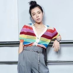 Rainbow Striped Sweater Shirt -Kawaii Fashion Shop Rainbow Striped Shirt Women 2021 Summer Ladies Crop Tops Women V Neck Button Up Shirt Elegant 1