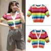 Rainbow Striped Sweater Shirt 1 Rainbow Striped Sweater Shirt -Kawaii Fashion Shop Rainbow Striped Shirt Women 2021 Summer Ladies Crop Tops Women V Neck Button Up Shirt Elegant