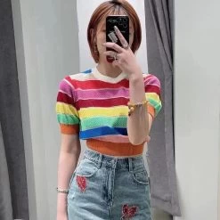 Rainbow Striped Sweater Shirt -Kawaii Fashion Shop Rainbow Striped Shirt Women 2021 Summer Ladies Crop Tops Women V Neck Button Up Shirt Elegant 3