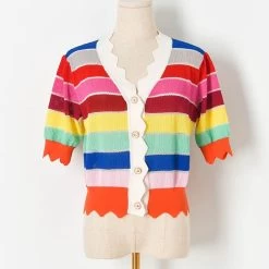 Rainbow Striped Sweater Shirt -Kawaii Fashion Shop Rainbow Striped Shirt Women 2021 Summer Ladies Crop Tops Women V Neck Button Up Shirt Elegant 4