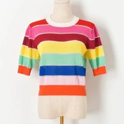 Rainbow Striped Sweater Shirt -Kawaii Fashion Shop Rainbow Striped Shirt Women 2021 Summer Ladies Crop Tops Women V Neck Button Up Shirt Elegant 5