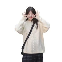 Retro Half Turtleneck White Sweater -Kawaii Fashion Shop Retro Half Turtleneck White Sweater 3