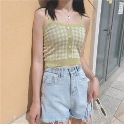Retro Plaid Knit Crop Top -Kawaii Fashion Shop Retro Plaid Knit Crop Top 2