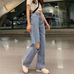 Kawaii Cutout Straight Denim Pants -Kawaii Fashion Shop Ripped Jeans Women Fashion High Waist Solid Fur lined Straight Loose Denim Trousers Femme Preppy Style 2