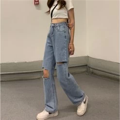 Kawaii Cutout Straight Denim Pants -Kawaii Fashion Shop Ripped Jeans Women Fashion High Waist Solid Fur lined Straight Loose Denim Trousers Femme Preppy Style