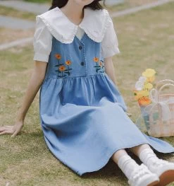 Japanese Sweet Denim Suspender Skirt Set -Kawaii Fashion Shop SWEETXUE Japanese Sweet Denim Suspender Skirt Set Female Summer Doll Collar Embroidered Shirt Loose Long Vest 2