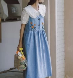 Japanese Sweet Denim Suspender Skirt Set -Kawaii Fashion Shop SWEETXUE Japanese Sweet Denim Suspender Skirt Set Female Summer Doll Collar Embroidered Shirt Loose Long Vest 3
