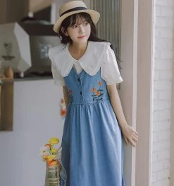 Japanese Sweet Denim Suspender Skirt Set -Kawaii Fashion Shop SWEETXUE Japanese Sweet Denim Suspender Skirt Set Female Summer Doll Collar Embroidered Shirt Loose Long Vest 4