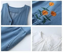 Japanese Sweet Denim Suspender Skirt Set -Kawaii Fashion Shop SWEETXUE Japanese Sweet Denim Suspender Skirt Set Female Summer Doll Collar Embroidered Shirt Loose Long Vest 5