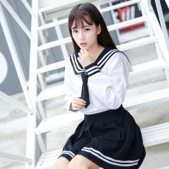 Kawaii High School White Sailor Suit 7 Kawaii High School White Sailor Suit -Kawaii Fashion Shop School Dresses For Girls White Shirt With Tie Long sleeved Navy Sailor Suit Large size S 2