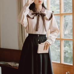 Vintage Shirt Long Skirt Two Piece Set 10 Vintage Shirt Long Skirt Two Piece Set -Kawaii Fashion Shop Sets Women Baggy Clothes Autumn Vintage Casual Two Pieces Outfits College Cute Patchwork Bow Fashion Students 1