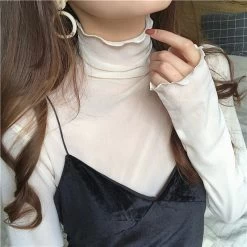 Transparent Turtleneck -Kawaii Fashion Shop Sexy Solid Color Fungus High Neck Lace See Through Women Tshirt Retro Temperament Mesh Women s 3