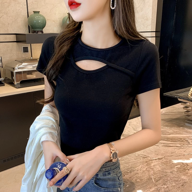 Hollow Out Pure Color Short T-Shirt 4 Hollow Out Pure Color Short T-Shirt - Image 2