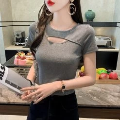 Hollow Out Pure Color Short T-Shirt 9 Hollow Out Pure Color Short T-Shirt -Kawaii Fashion Shop Sexy cotton short sleeve T shirt women s wear 2022 new summer half sleeve top short 2